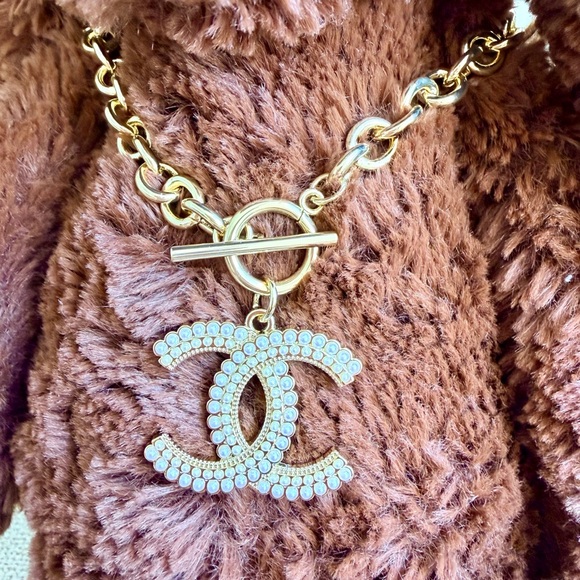 Upcycled Gold and Pearl CC charm on toggle necklace - Picture 3 of 13